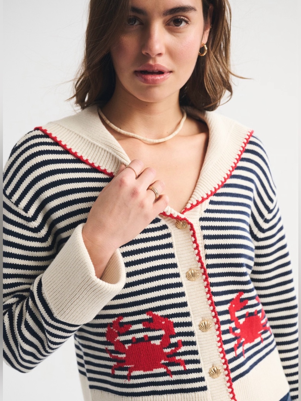 Abercrombie Navy & Cream Striped Knit Cardigan with Red Accent